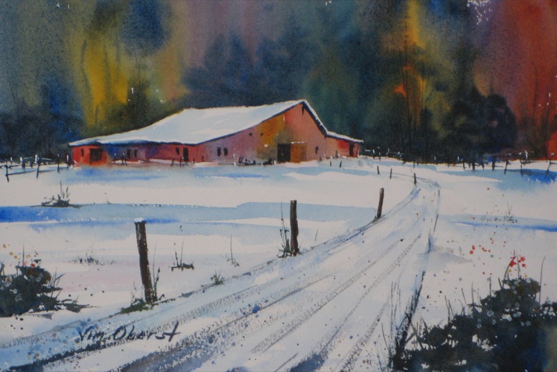 landscape, farm, barn, winter, snow, original watercolor painting, oberst